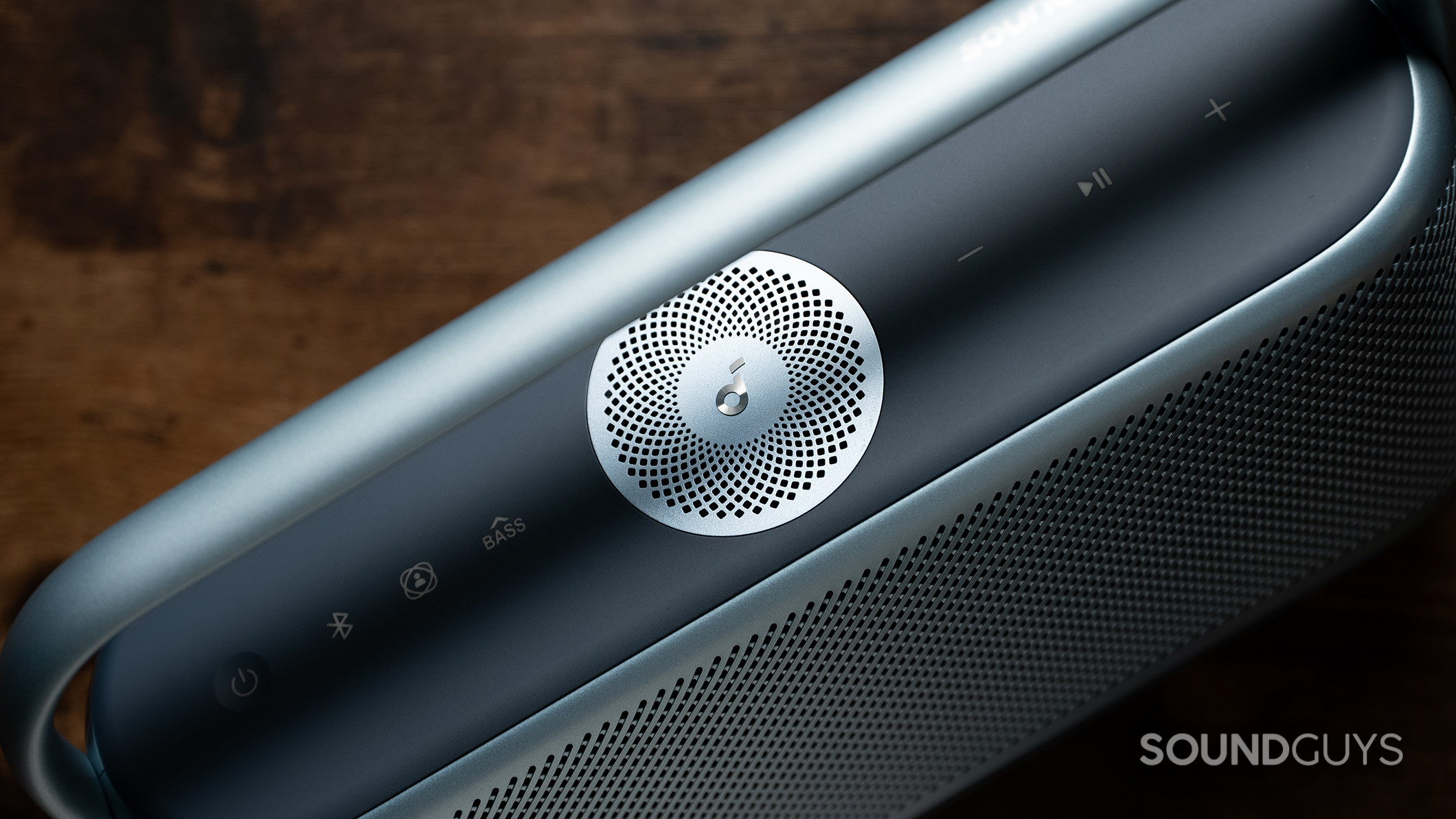 Anker Soundcore Motion X600 top speaker Top of the Anker Soundcore Motion X600 speaker with button controls and an upward firing driver.