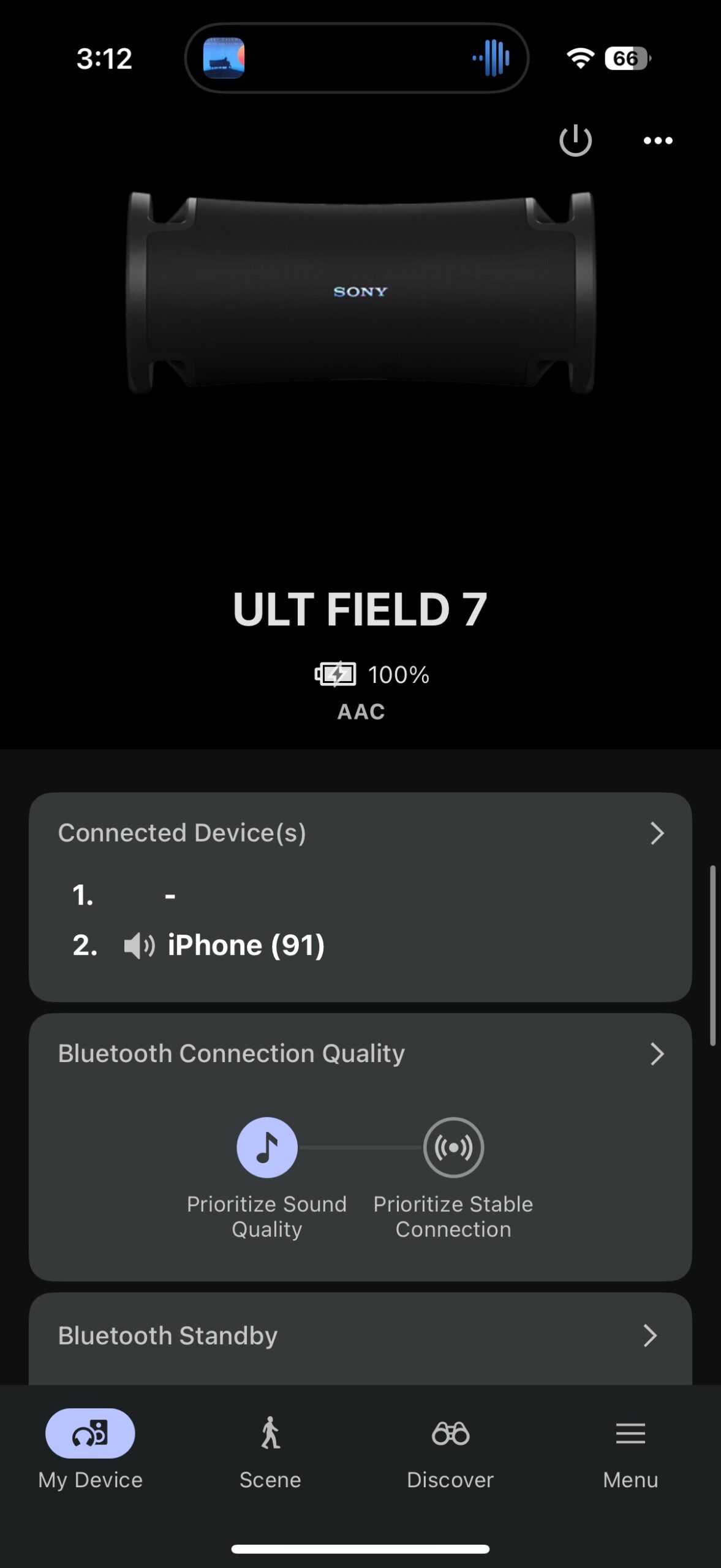 Screenshot of the Sony Music Connect app while paired with the ULT Field 7.