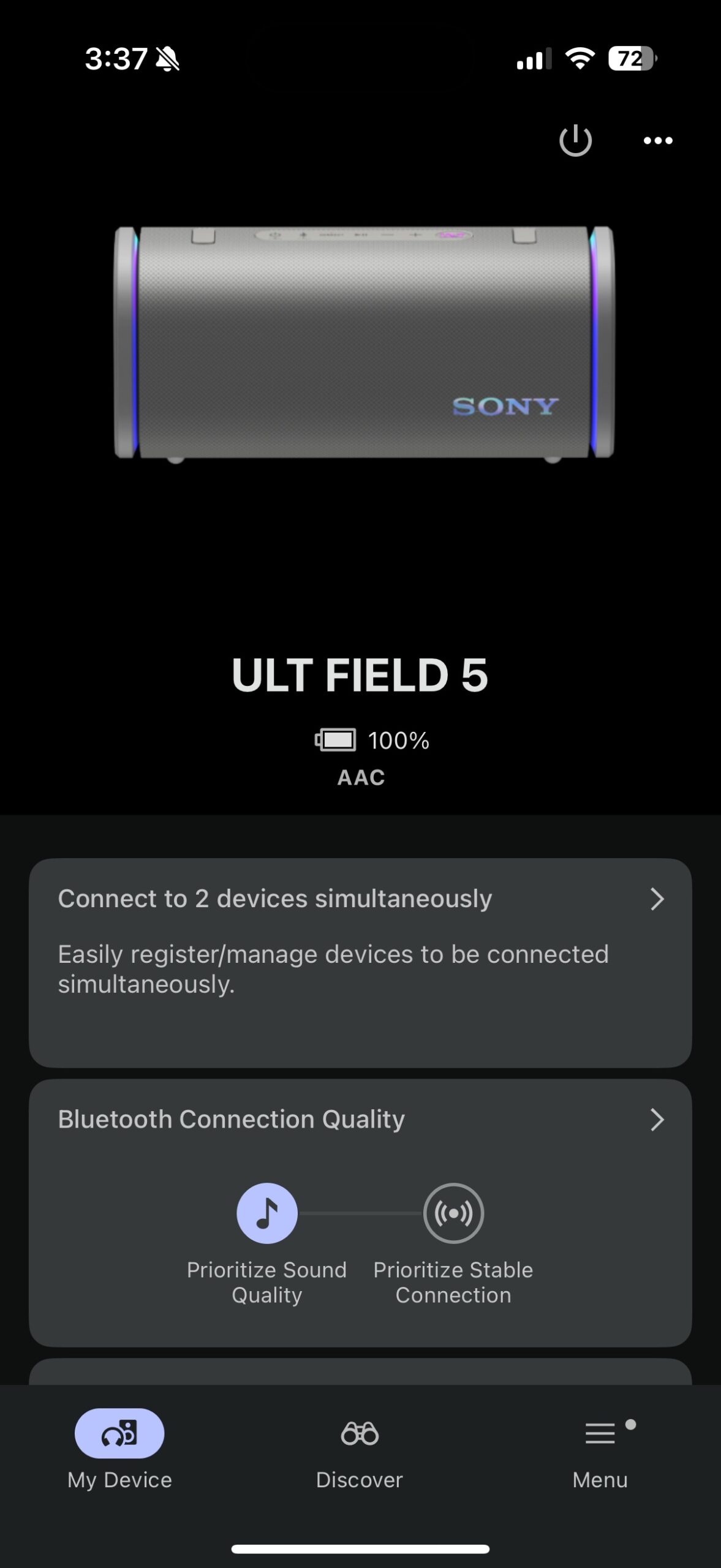 Screenshot of the Sony Sound Connect app while connected to the ULT Field 5.