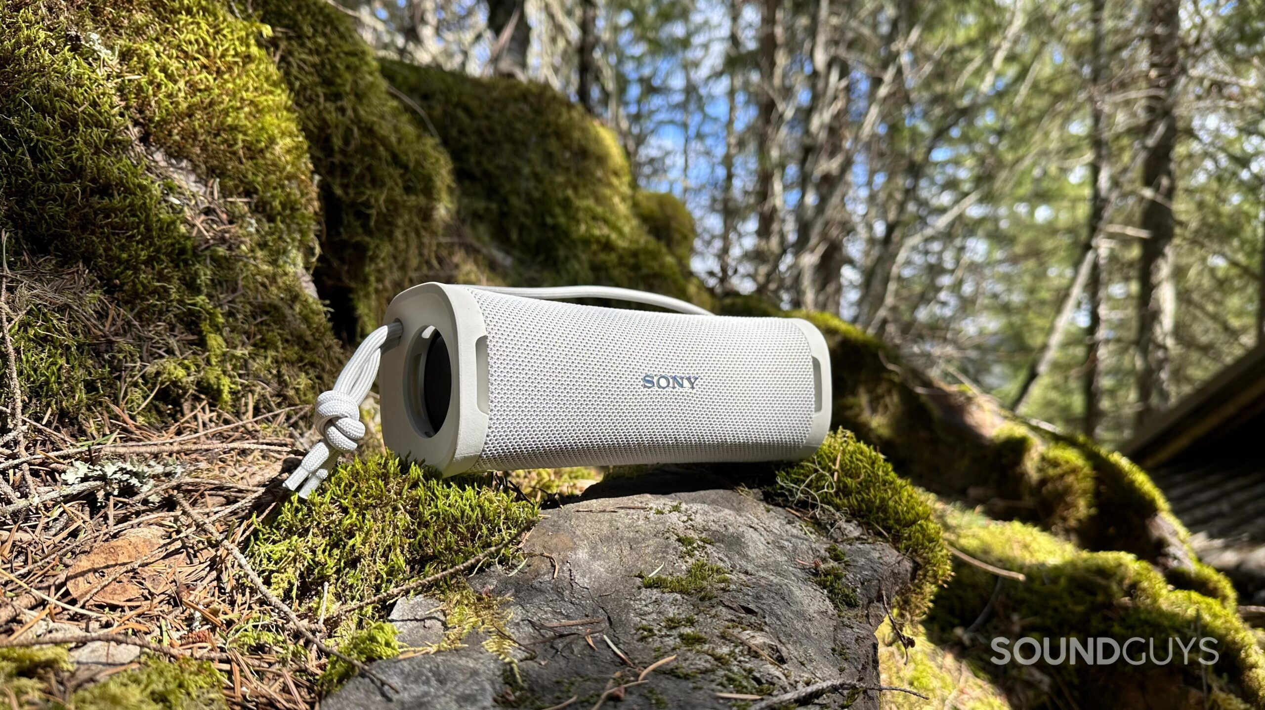 Sony ULT Field 1 2 A Sony ULT Field 1 speaker placed on a mossy rock in the outdoors