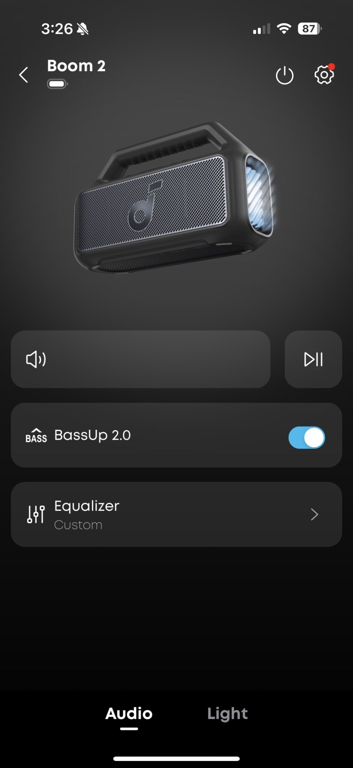 Screenshot of the Soundcore app while connected to the Boom 2